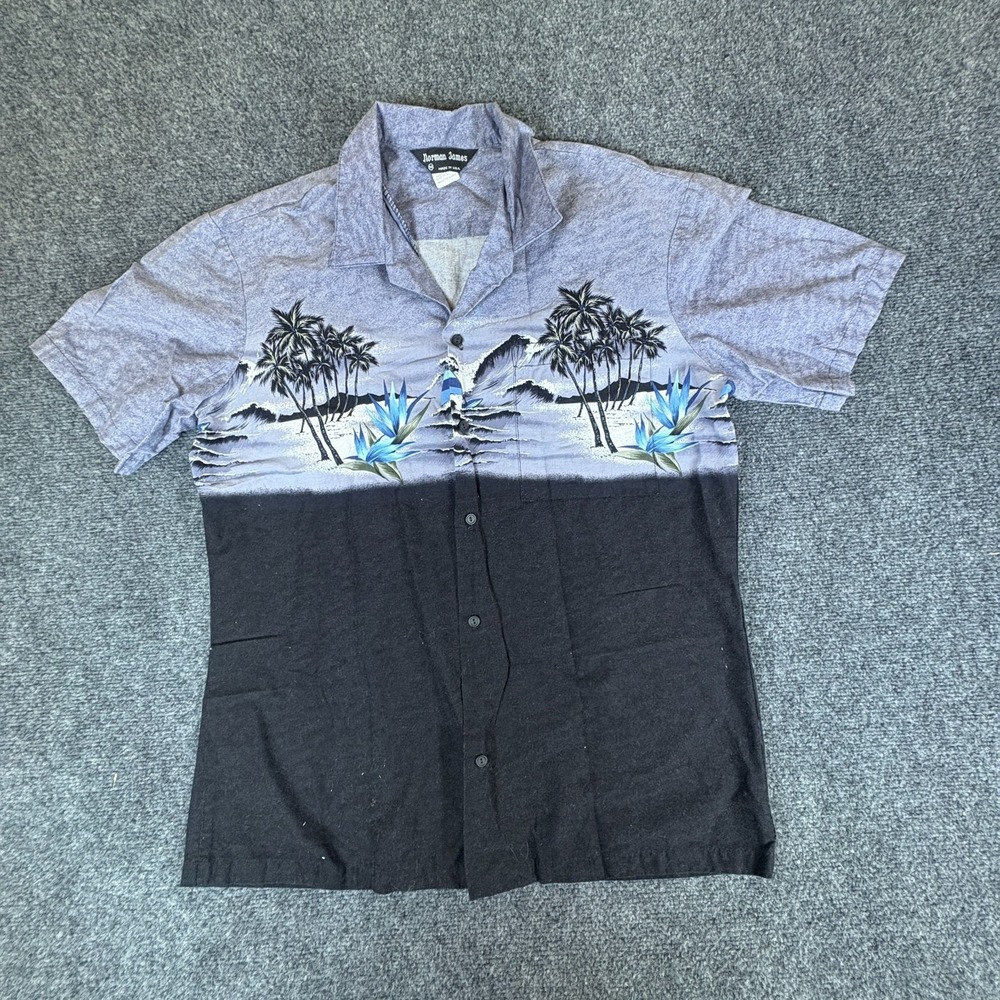 Vintage Norman James Hawaiian Shirt Mens Medium Black Lavender Graphic Button Up